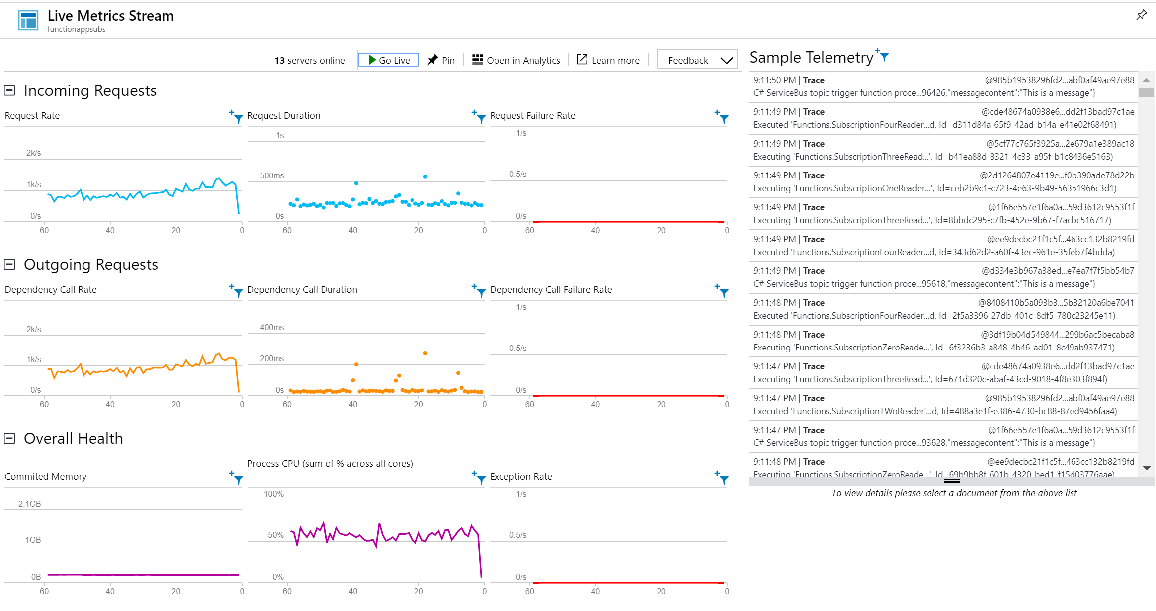 live metrics of the Application Insights