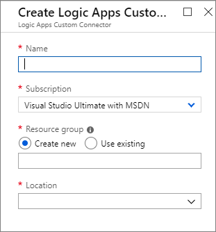 Enter a Name, Subscription, Resource Group and Location for creating your custom connector for Logic apps.