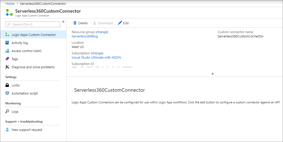 Final check of Logic apps custom connector window