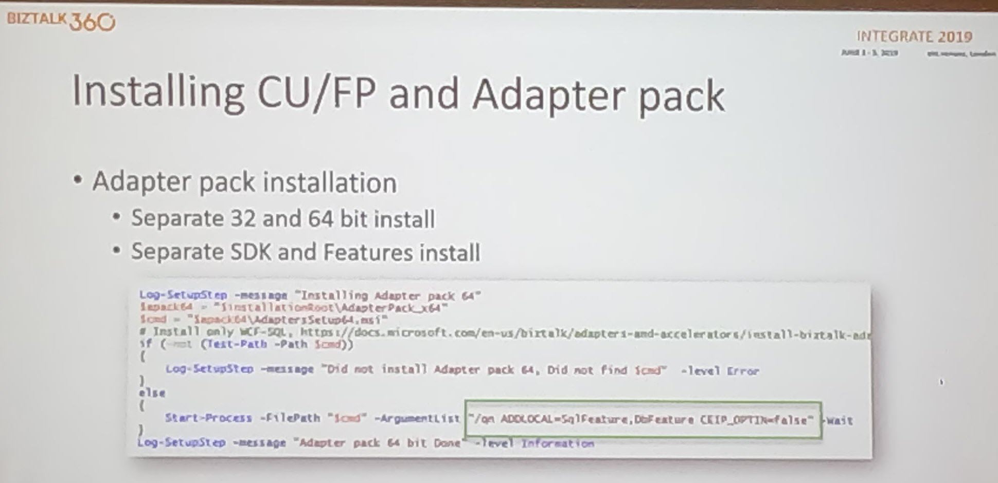 Installing CU/Adapter pack in Integrate 2019
