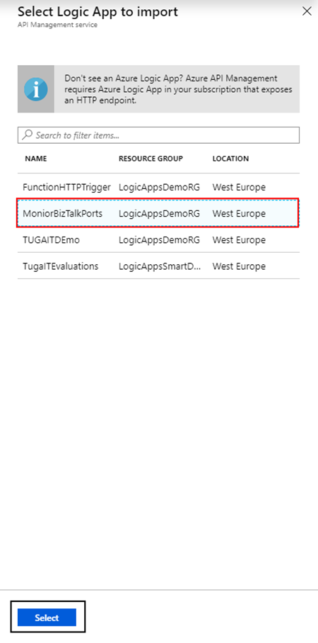 azure api management create from Logic App select to import