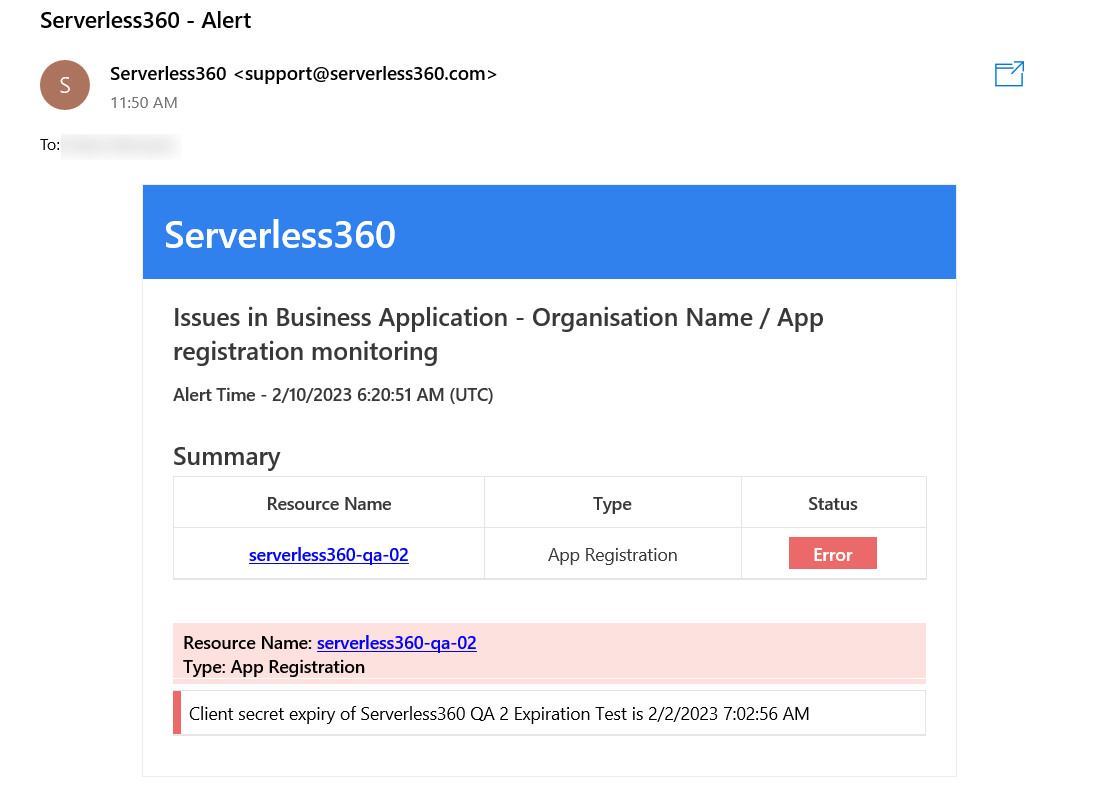 Serverless360 email notification