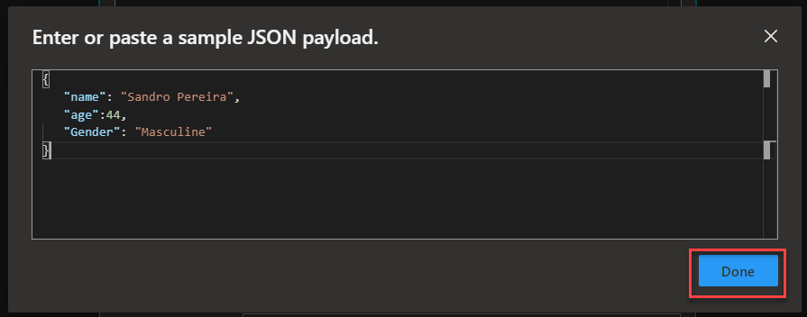 Enter or paste a sample JSON payload inside logic app