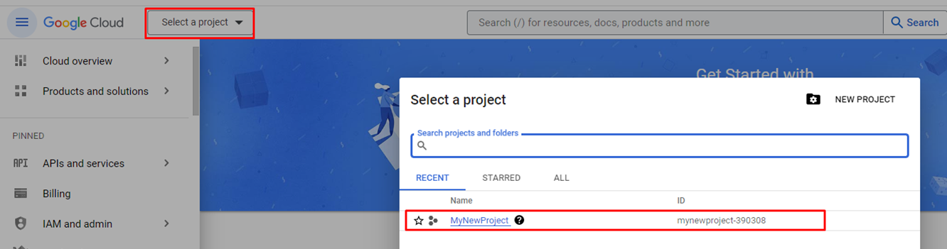 Selecting a project in Google: Step 1